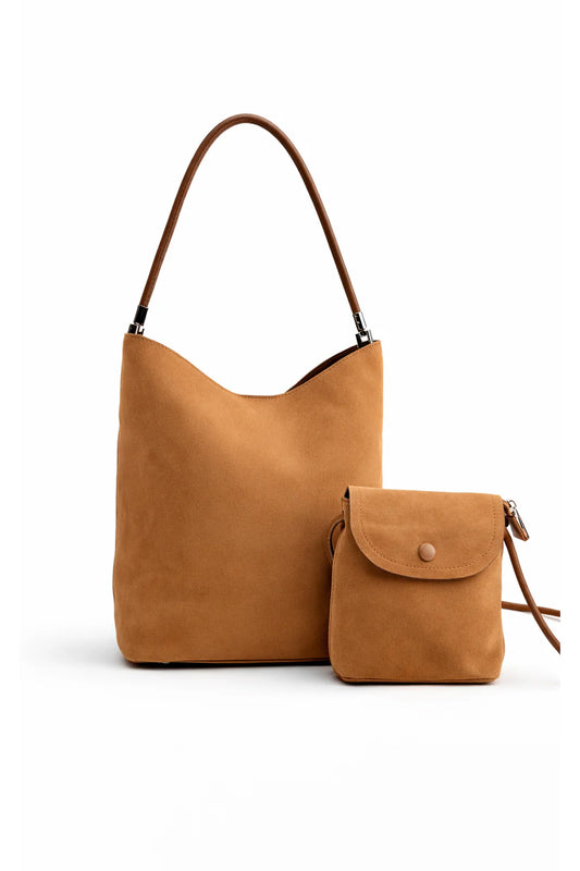 Camel Slouchy Shoulder Tote With Matching Crossbody Pouch