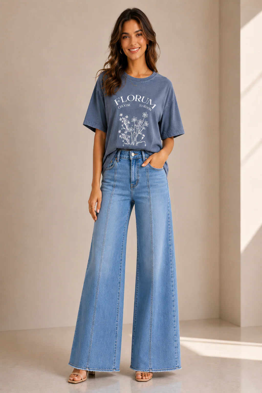 Front Seam Wide Leg Light Wash Jeans